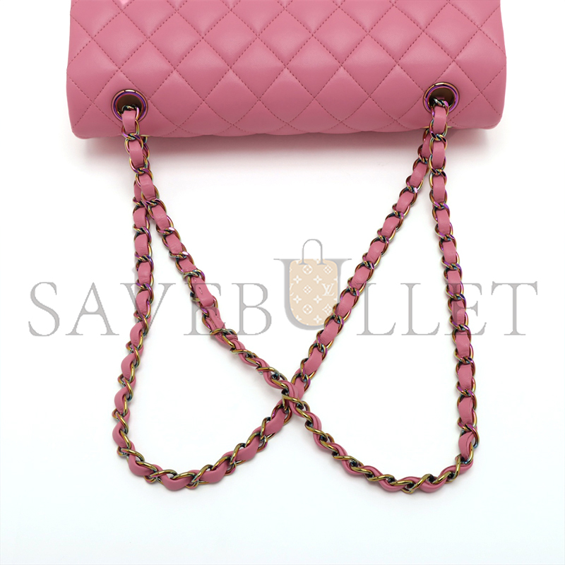 CHANEL MATELASSE 25 LAMBSKIN DOUBLE FLAP DOUBLE CHAIN BAG PINK RAINBOW METAL FIT (25.5*15*6cm) 